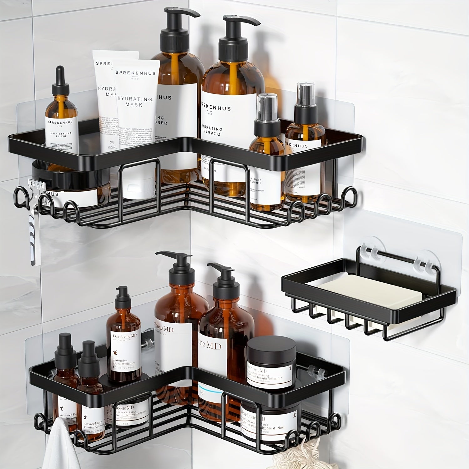 Shower Caddy 3-Pack Wall Mounted Corner Shower Organizer with Soap Holder & 8 Hooks - No Drilling Bathroom Shelf for Shampoo, Conditioner & Kitchen Countertop Storage