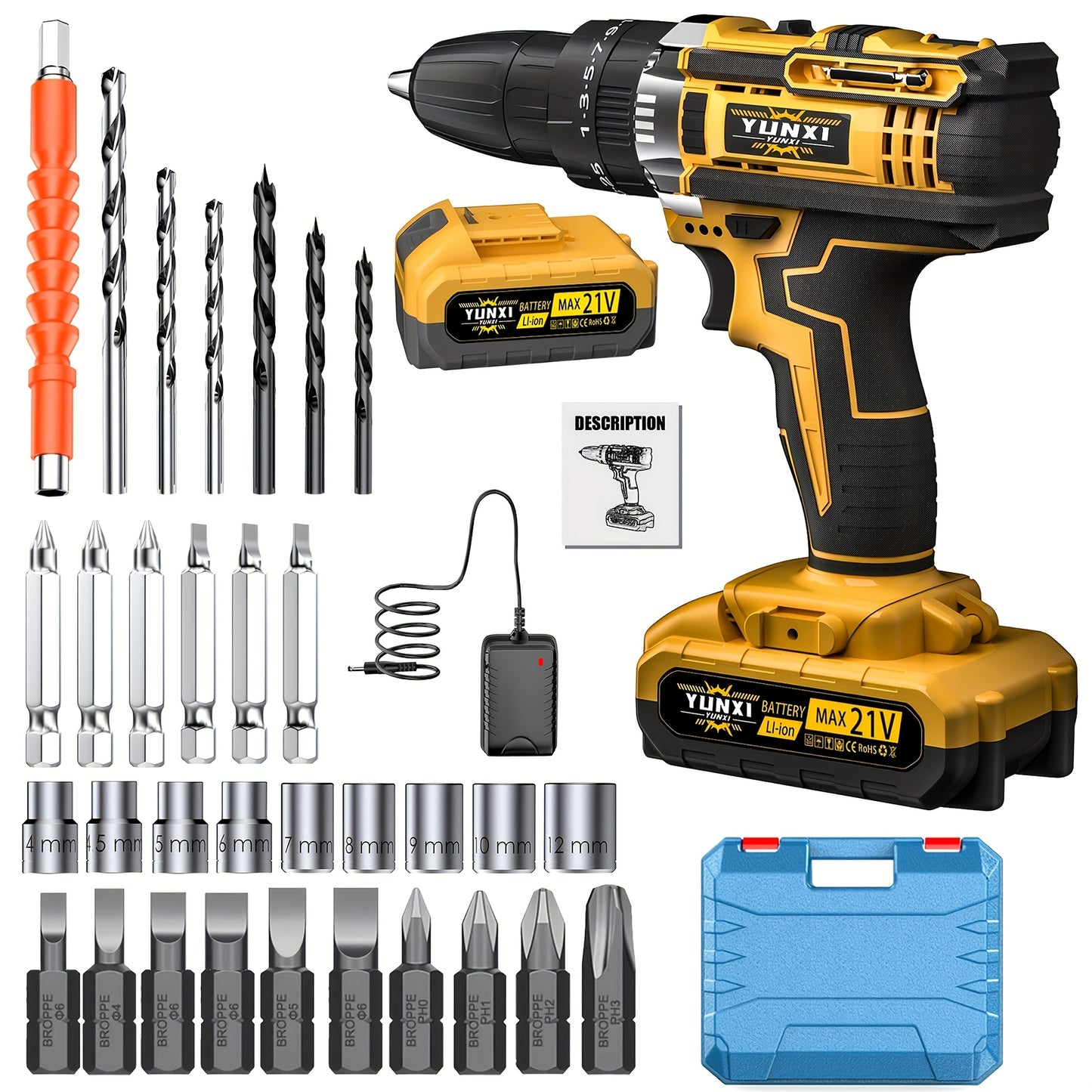 21V Cordless Drill Electric Screwdriver – Lithium Impact Drill Kit with Multifunctional Pistol Grip, Rechargeable Power Tool for Home & DIY