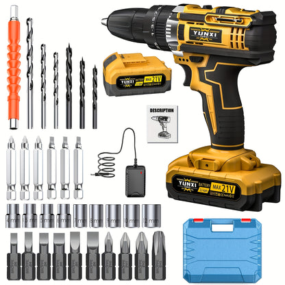 21V Cordless Drill Electric Screwdriver – Lithium Impact Drill Kit with Multifunctional Pistol Grip, Rechargeable Power Tool for Home & DIY