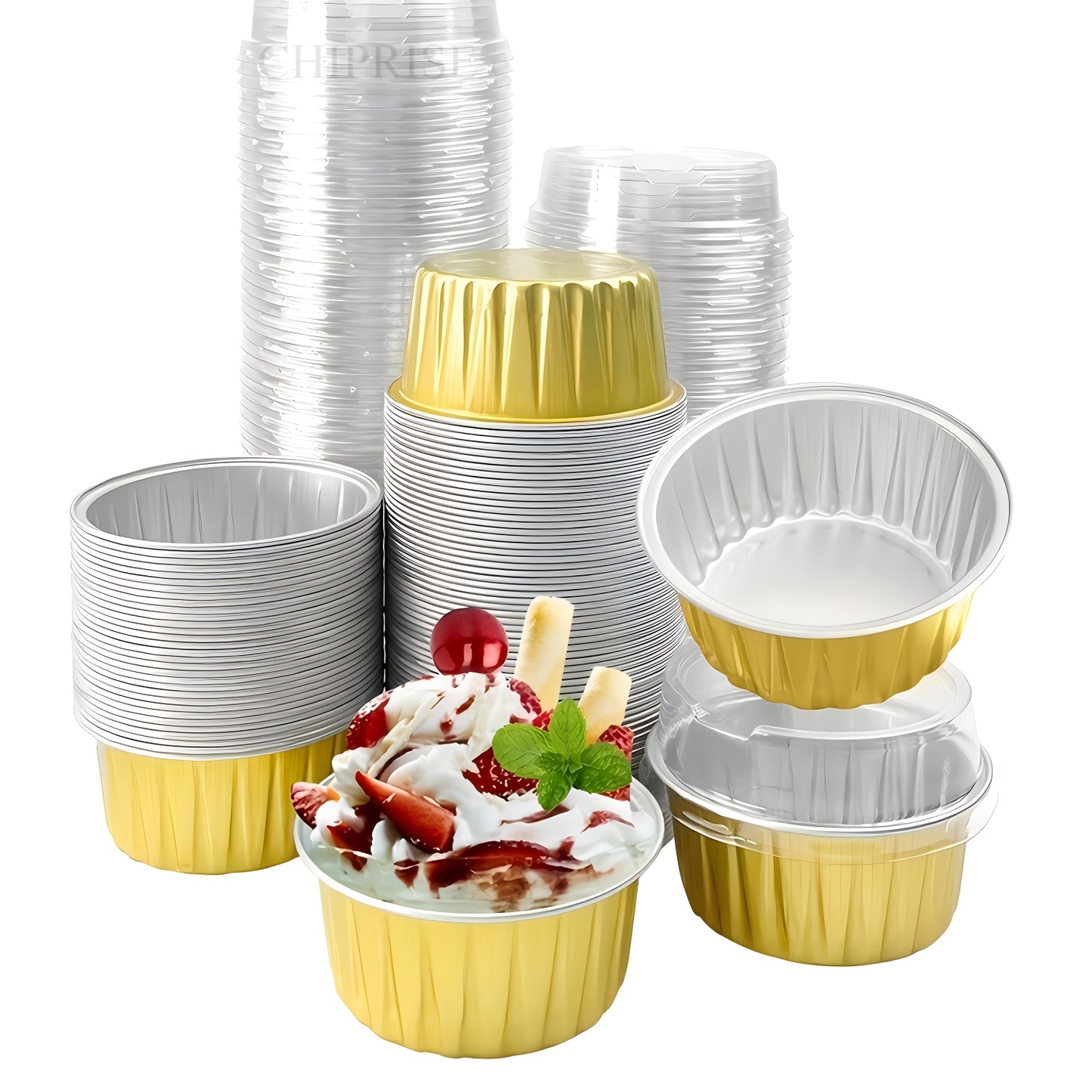 100-Pack Aluminum Foil Baking Cups with Lids 50 Boxes + 50 Lids Heat-Resistant Cupcake Molds for Weddings Birthday Parties Desserts Pudding Cream Cake