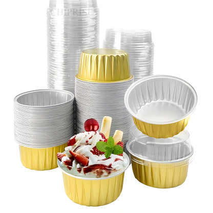 100-Pack Aluminum Foil Baking Cups with Lids 50 Boxes + 50 Lids Heat-Resistant Cupcake Molds for Weddings Birthday Parties Desserts Pudding Cream Cake
