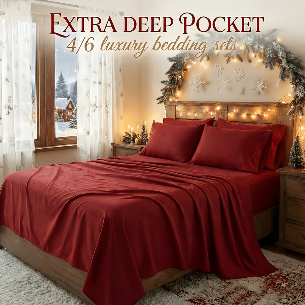 4/6pcs Luxury Soft Sheet Set - Bamboo Cooling Blend Bed Sheets for Queen Size Bed, Secure-Fit Deep Pocket Sheets with Elastic, Breathable Hotel Sheets & Pillowcase Set for Room Decor