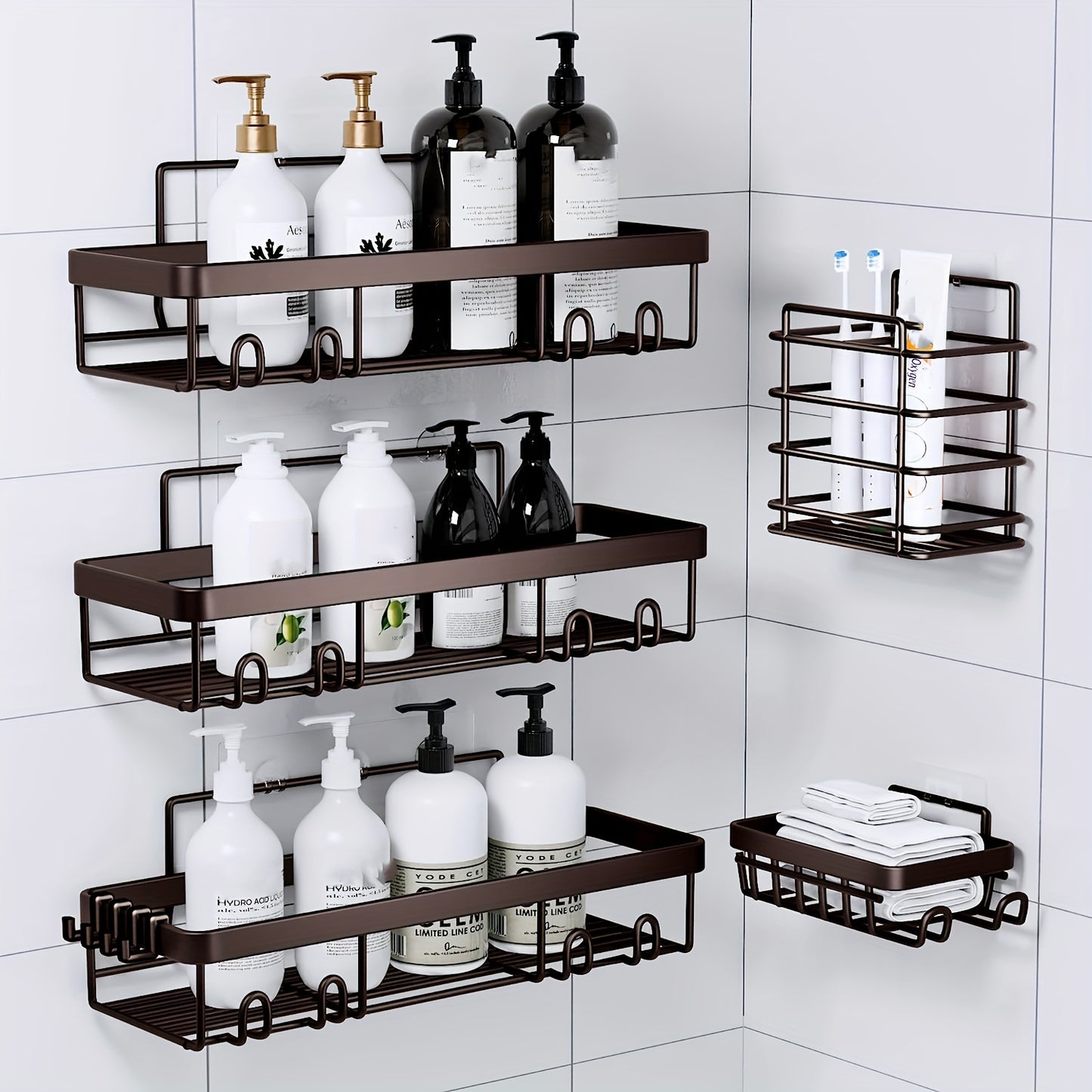 Stainless Steel Shower Caddy 5-Piece Set – Wall Mounted Adhesive Bathroom Organizer with Soap Dish & Toothbrush Holder | No-Drill Shower Shelf Rack for Inside Shower | 9 Colours | ShopVora CA