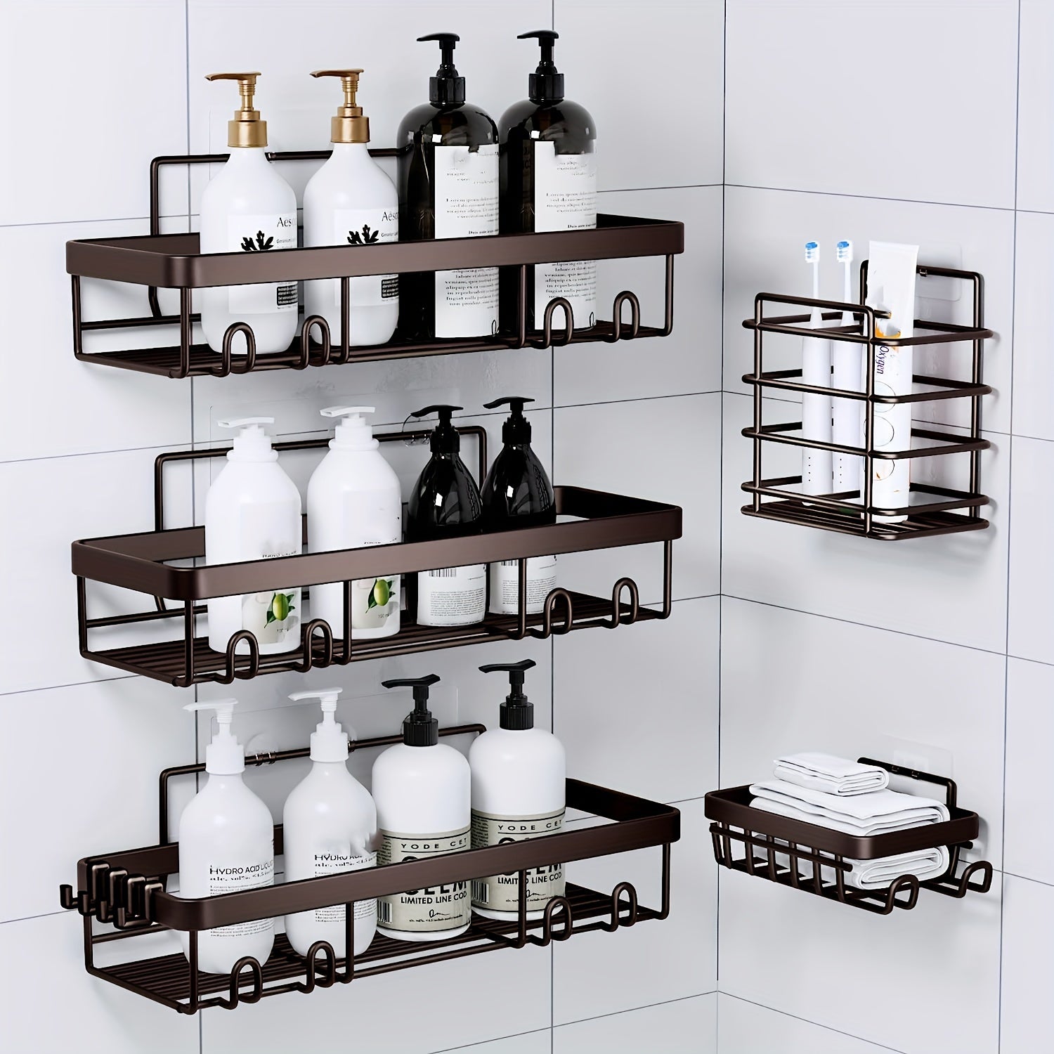 Stainless Steel Shower Caddy 5-Piece Set – Wall Mounted Adhesive Bathroom Organizer with Soap Dish & Toothbrush Holder | No-Drill Shower Shelf Rack for Inside Shower | 9 Colours | ShopVora CA