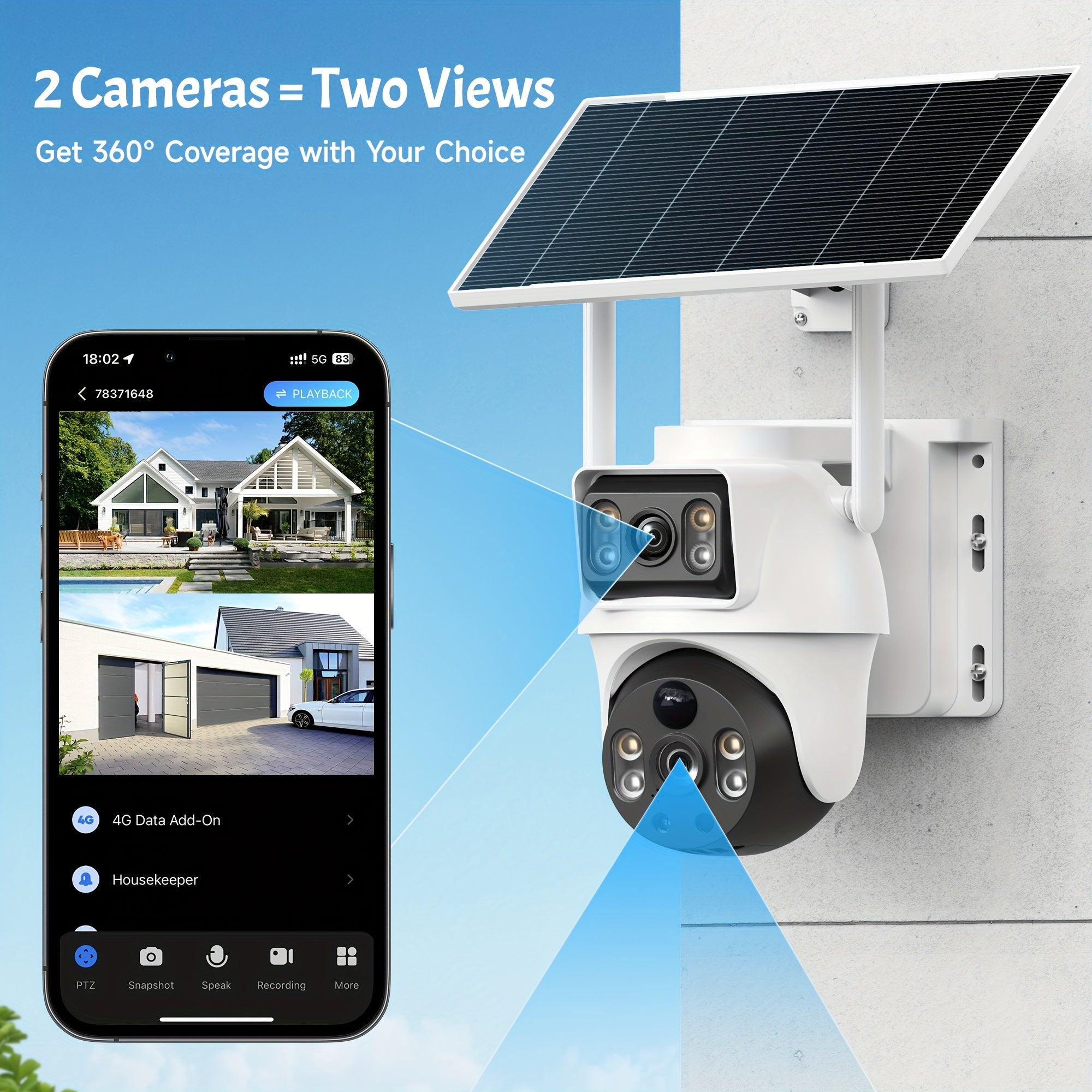 XIAOVV [10 Zoom] 4K Solar Outdoor Wireless Surveillance Camera, 2.4G WiFi Security with Solar Panel, Dual Lens PTZ Surveillance System, PIR Motion Detection, Color Night Vision, Two-Way Audio, App Control for Home Security, Farm, Remote