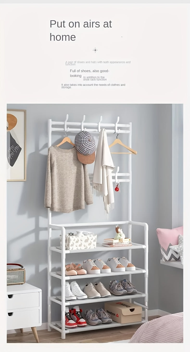 23.62 Inch/172cm 5-Tier Multi-Functional Storage Rack with 8 Double Hooks, Multi-Functional Clothes Hanger and Shoe Rack, Self-Assembly Shoe Rack Storage Box for Living Room, Bathroom, Hallway