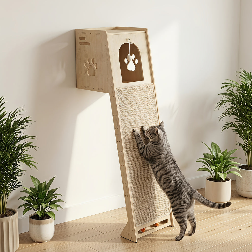 Wall Mounted Indoor Cat Tree Tower for Large Cats And Kittens, 59 Inch Wood Cat Tree with Spacious Cat Cave, Scratching Board And Pom-Pom Toy, Space-Saving Cat Furniture for Small Apartments, Canadian Stock