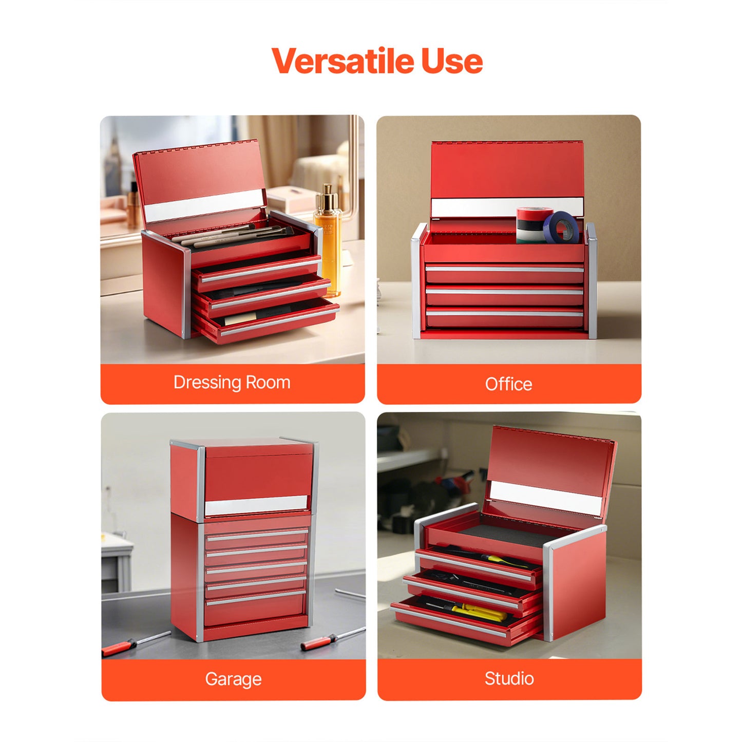 Portable Metal Tool Box with 3 or 5 Drawers 8.6-Inch – Mini Steel Tool Organizer for Desk Workbench Office Workshop, Black or Red (VEVOR)
