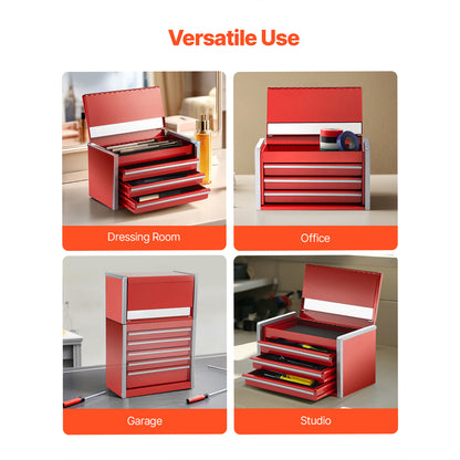 Portable Metal Tool Box with 3 or 5 Drawers 8.6-Inch – Mini Steel Tool Organizer for Desk Workbench Office Workshop, Black or Red (VEVOR)