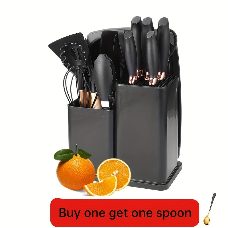 19pcs Kitchen Cooking Utensils And Knife Set with Block, Include 11pcs Silicone Cooking Utensils Set 5pcs Sharp Stainless Steel Chef Knives Scissors Whisk Tongs And Cutting Board
