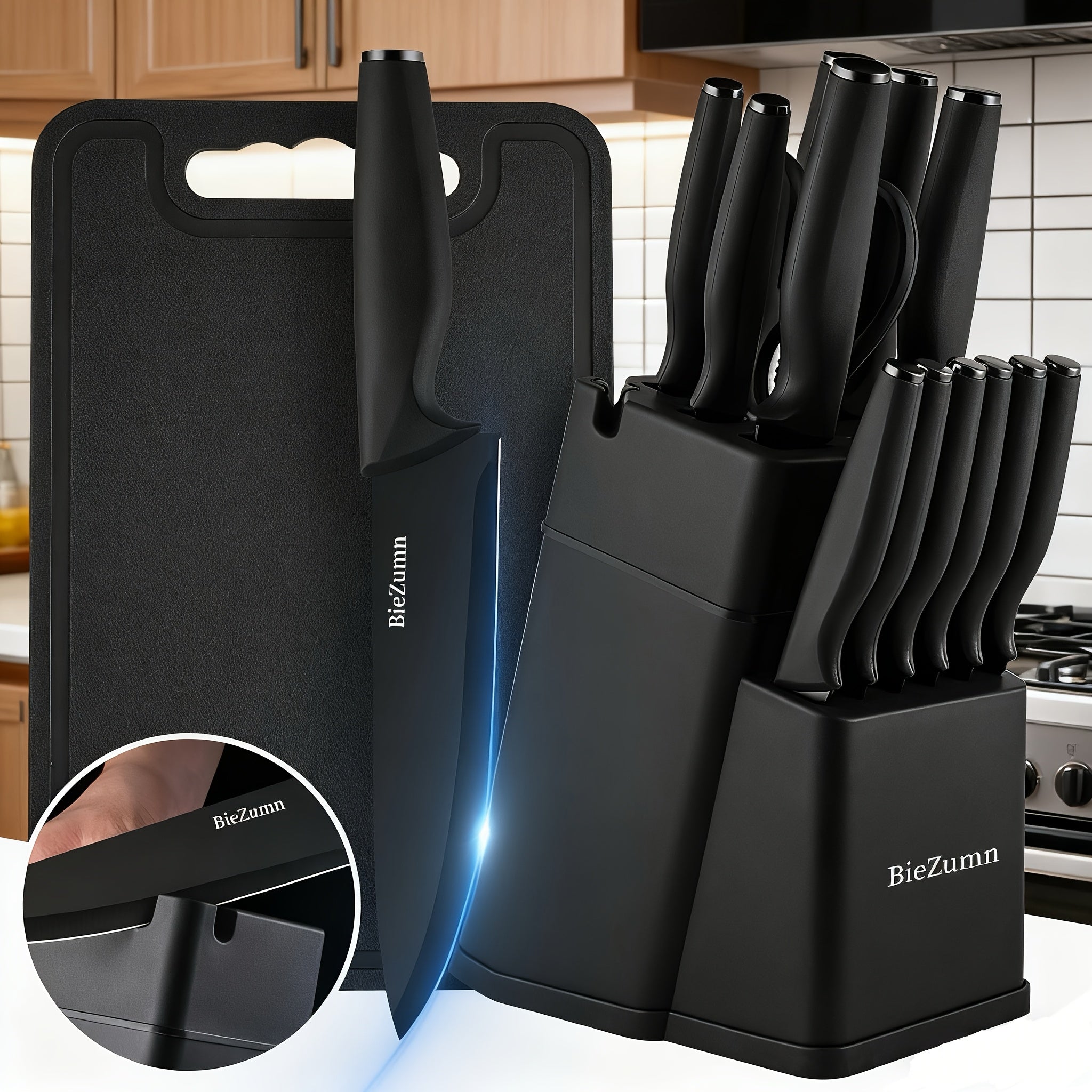 Black Knife Set with Sharpening Block Stainless Steel – Dishwasher Safe Kitchen Utensils Including Chef Knife, Utility Knife, Peeler & More – Sleek Black Design for Home Kitchen