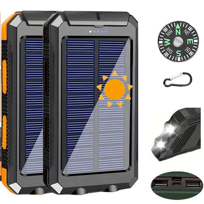 20000mAh Solar Power Bank for Camping, Dual USB Ports, LED Flashlight & Compass – Portable Solar Phone Charger External Battery for Outdoor Activities, Hiking & Emergency