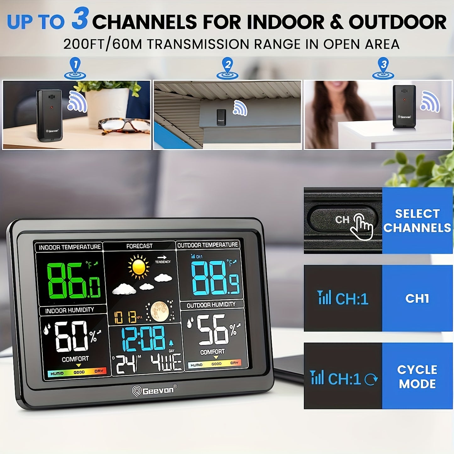 Wireless Weather Station Indoor Outdoor Thermometer with 7.6-Inch Color LCD Display, Barometer, 3-Channel Sensor, USB Charging Port, Alarm Clock & Adjustable Backlight – Digital Temperature Humidity Gauge for Home, Office & Garden