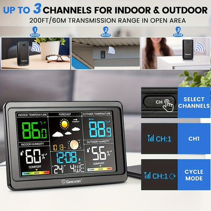 Wireless Weather Station Indoor Outdoor Thermometer with 7.6-Inch Color LCD Display, Barometer, 3-Channel Sensor, USB Charging Port, Alarm Clock & Adjustable Backlight – Digital Temperature Humidity Gauge for Home, Office & Garden