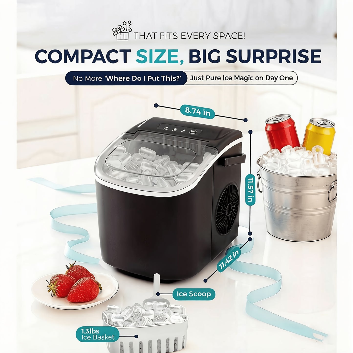 Portable Countertop Ice Maker 26 lbs/24Hr – Makes 9 Ice Cubes in 6 Minutes, Self-Cleaning with Carrying Handle, Ice Basket & Scoop Included, for Kitchen, Camping & RV