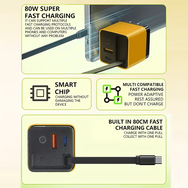 Latest Gan Technology: 80W 3-Port Quick Charger with Retractable Cable - Extremely Compact - Cool to The Touch - PD/QC 3.0 Compatible with Iphone 17/16/15/14/13/12/11, And Ipad