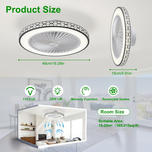 20-Inch Modern LED Ceiling Fan Embedded Mount – Reversible Airflow, Adjustable 3000K-6500K Light, Enhanced Circulation for Office Study Bedroom Indoor Spaces | Canada