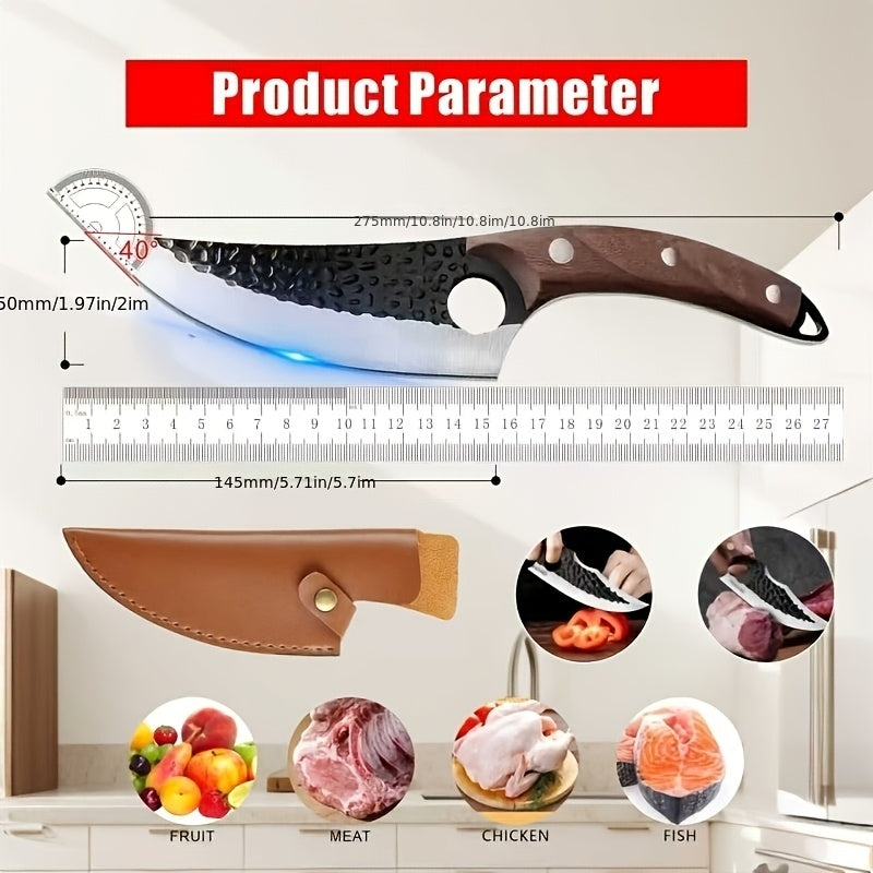 Hand-Forged Chef Knife with Hammered Pattern Blade, Full-Tang Curved Riveted Handle with Leather Sheath & Gift Box, Professional Kitchen Knife for Meat Fish Vegetables, Outdoor Camping BBQ