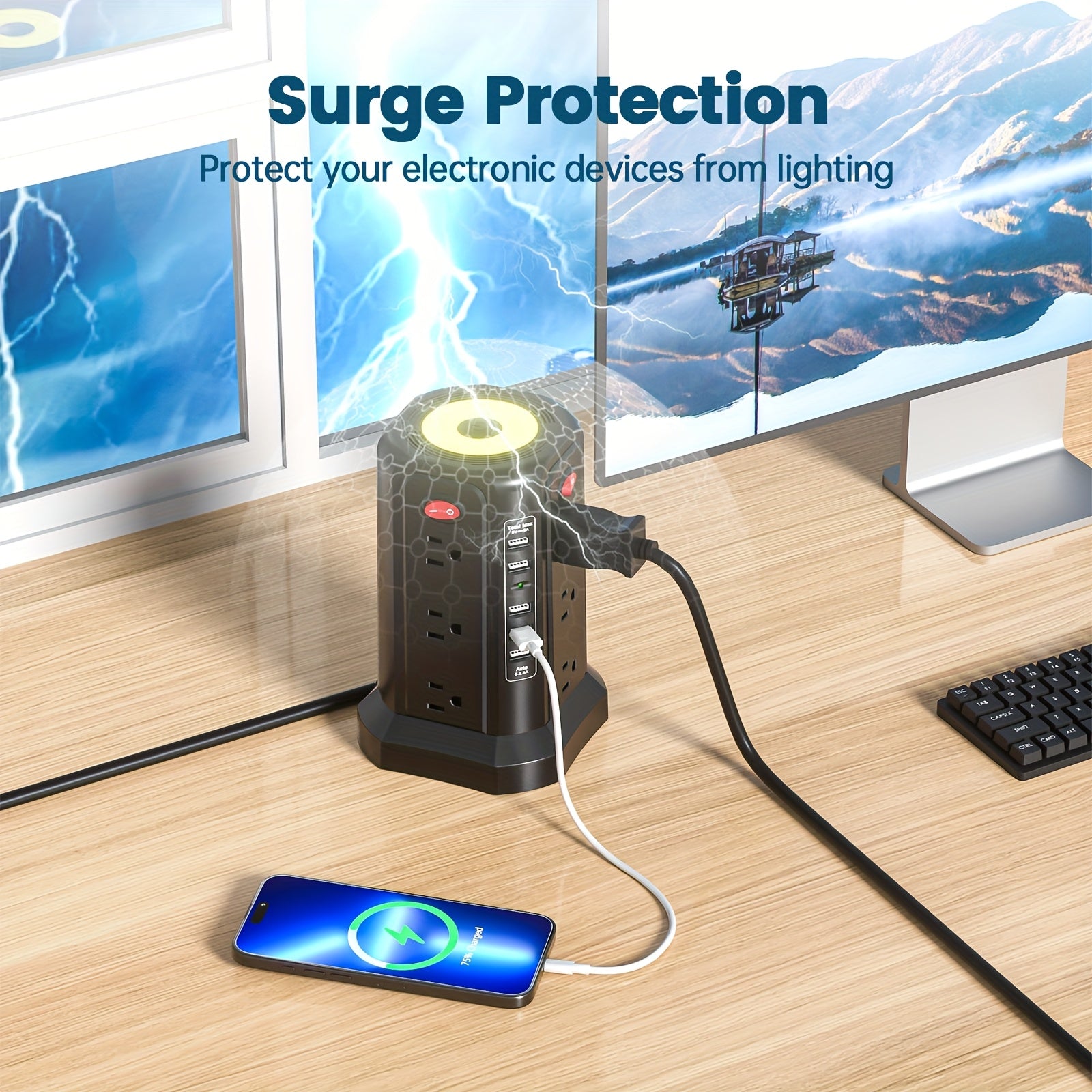 17-in-1 Surge Protector Power Strip with 12 AC Outlets & 5 USB Ports – PD 20W Fast Charging, 4-Zone Independent Switch, Touch Night Light, 6.5ft Extension Cord for Home Office Dorm Desk
