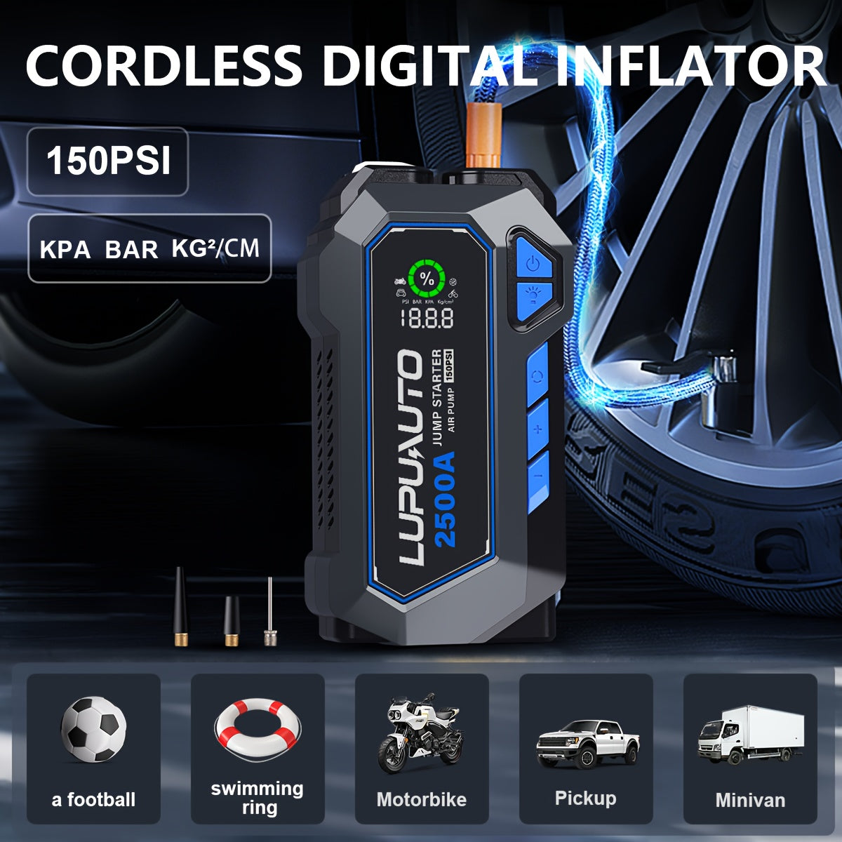 Car Jump Starter With Air Compressor 150PSI, 2500A Battery Jump Starter Pack Power Bank USB Battery Booster Jumper Tire Inflator 12V Jump Box Booster Charger For 1.85gal Gas Or 1.32gal Diesel Engine
