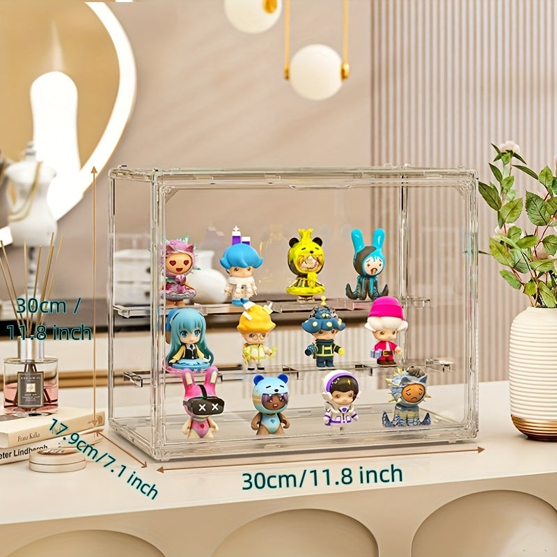 Transparent Acrylic Display Case with Magnetic Door & 2 Removable Dividers - Dustproof Stackable Showcase for Figures, Collectibles, Handbags & Cosmetics