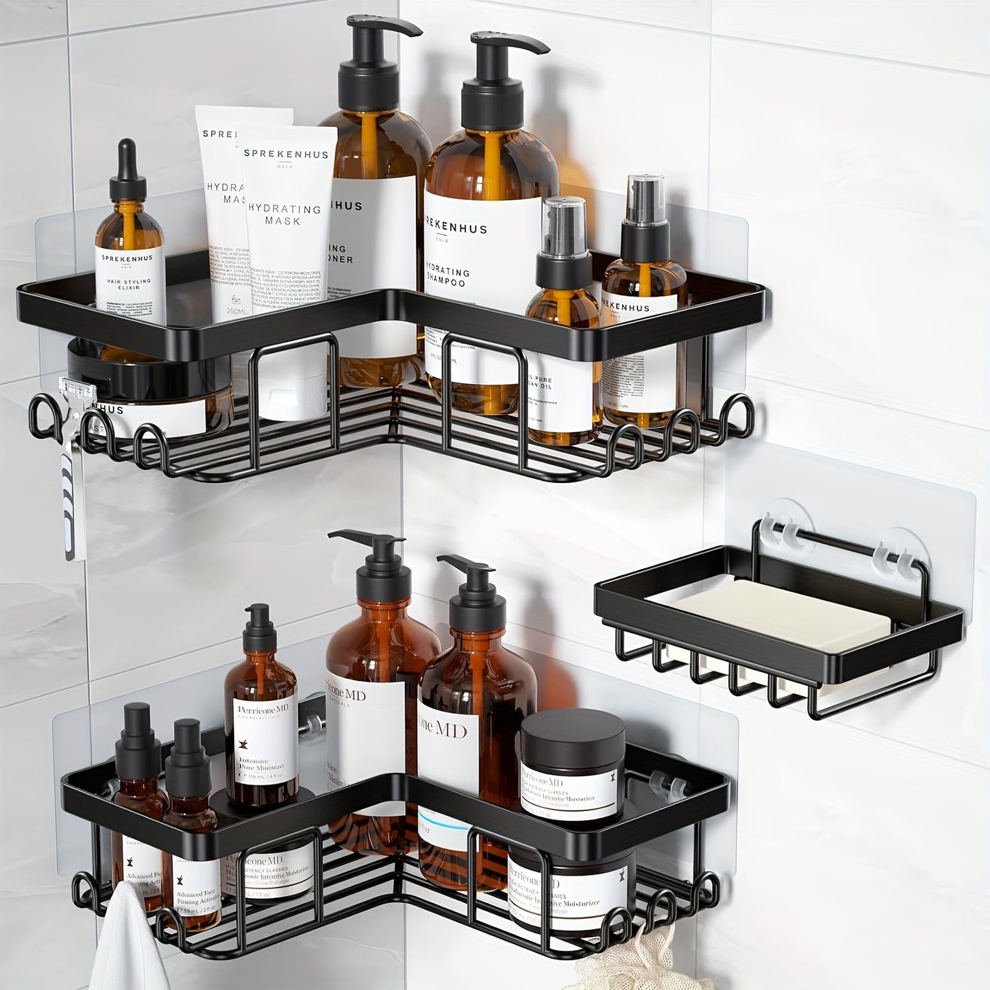 Drill-Free Corner Shower Caddy 3-Pack with 12 Hooks – Adhesive Bathroom Corner Shelf Organizer, Rust-Proof Shower Storage Rack for Shampoo Soap Razor