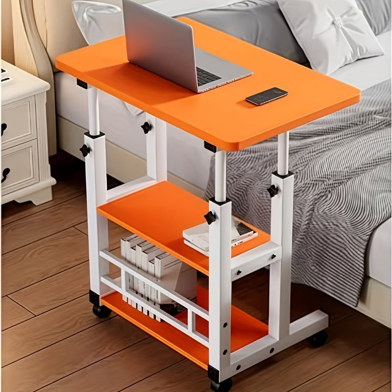 Three-Tier Mobile Lifting Desk with Wheels, Portable Side Table with Three-Layer Storage, Space-Saving Laptop Desk Suitable for Small Spaces Beside Sofas