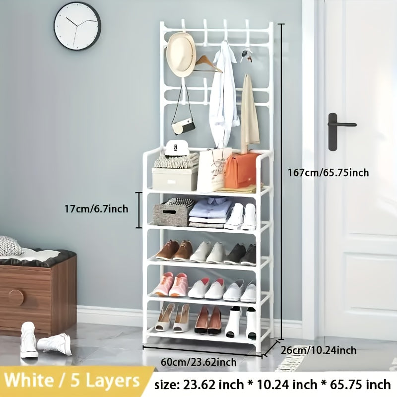 23.62 Inch/172cm 5-Tier Multi-Functional Storage Rack with 8 Double Hooks, Multi-Functional Clothes Hanger and Shoe Rack, Self-Assembly Shoe Rack Storage Box for Living Room, Bathroom, Hallway
