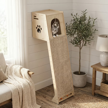 59-Inch Wall Mounted Cat Tree Tower for Large Cats & Kittens – Space-Saving Birch Wood Cat Furniture with Cave, Sisal Scratching Board & Interactive Toys for Small Apartments