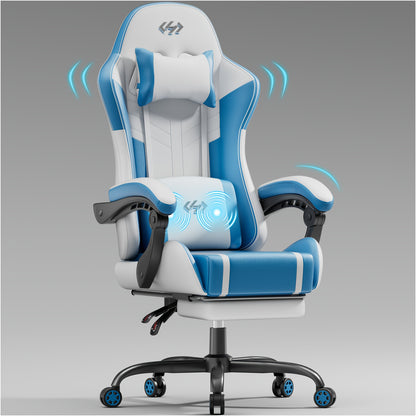 Massage Lumbar Gaming Chair with Pocket Spring Seat – High-Back PU Leather Computer Chair, Memory Foam Headrest, Retractable Footrest, 135° Recline, 360° Swivel, for Home Office & Gaming