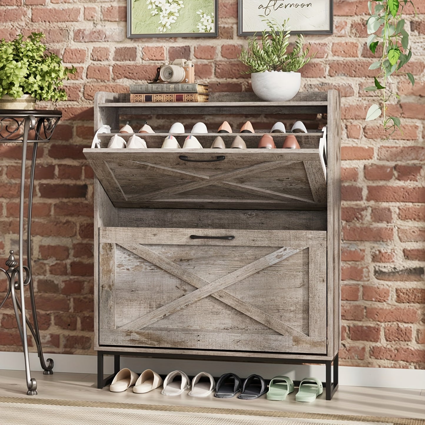 Entryway Shoe Cabinet Rustic Brown with 2 Flip Drawers & Open Shelf - Freestanding Narrow Shoe Rack Organizer Metal Legs Hidden Storage Holds 12-16 Pairs - Canada
