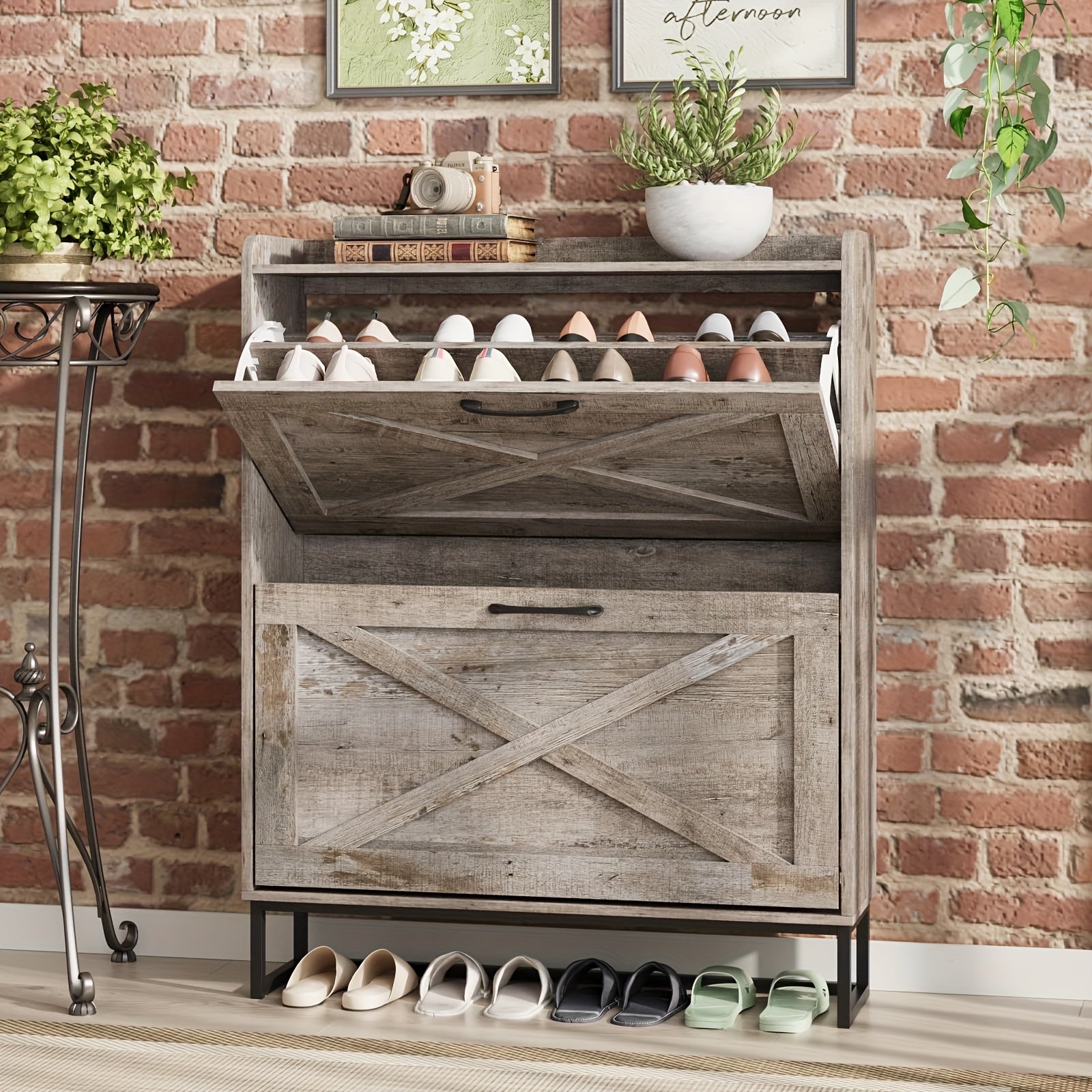 Rustic Brown Wooden Shoe Storage Cabinet With 2 Flip Drawers And Open Storage Shelf, Freestanding Entryway Shoe Cabinet With Metal Legs, Narrow Shoe Rack Organizer With Hidden Design, Holds 12-16 Pairs, Christmas Gift Or Black Friday Deal