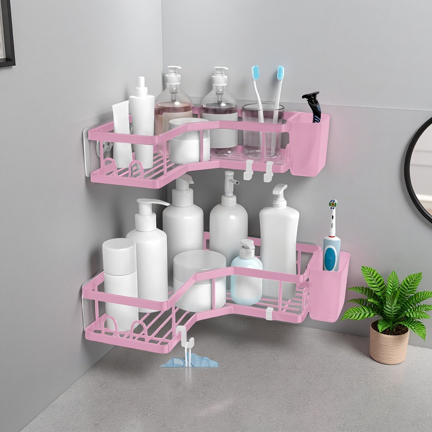 Corner Shower Caddy 2 Pack Adhesive No Drilling – Stainless Steel Shower Corner Shelf Organizer with Hooks & Toothpaste Holder for Bathroom, Kitchen & Dorm Storage