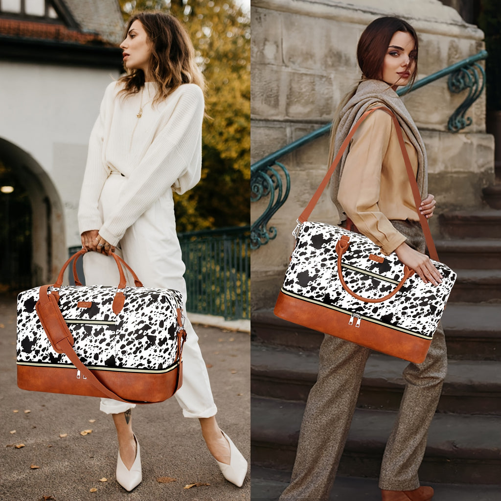 ITIEZY Women's 3pcs Cow Pattern Oxford Duffle Tote Bag with Shoe Compartment - Large Weekender Travel Bag Suitable for Overnight Trips, Airports, Trains & Buses - Stylish Carry-On Duffel