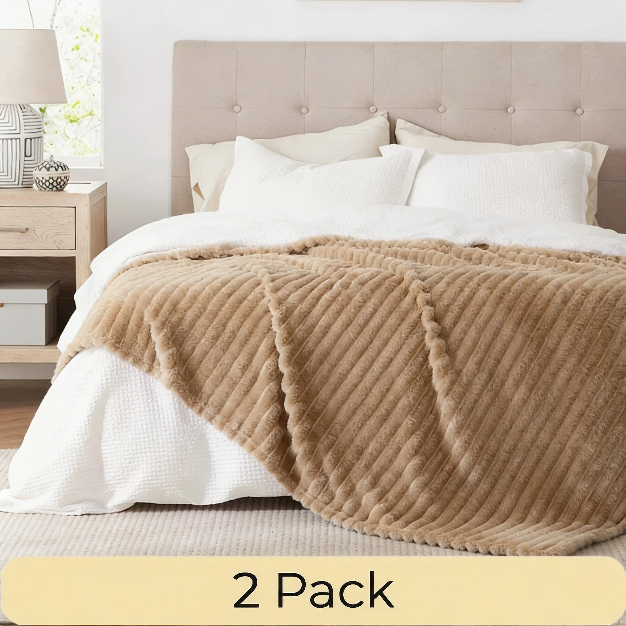 Faux Fur Rabbit Blanket Set of 2 – 260GSM Striped Luxury Plush Throw, OEKO-TEX Certified, Machine Washable, Cozy Sofa & Bed Blanket for Women & Men, Multiple Colours