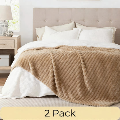 Faux Fur Rabbit Blanket Set of 2 – 260GSM Striped Luxury Plush Throw, OEKO-TEX Certified, Machine Washable, Cozy Sofa & Bed Blanket for Women & Men, Multiple Colours