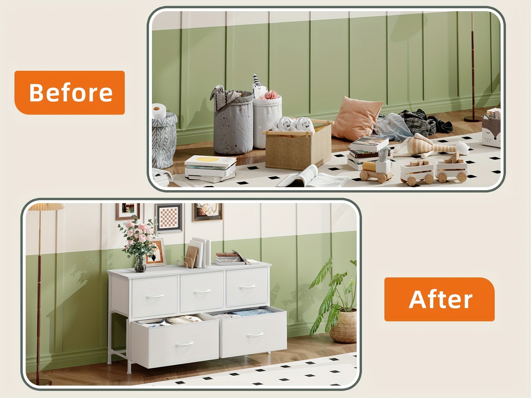 EUNOS Chest Of Drawers White with 5 Drawers Made Of Fabric, Sideboard with Wooden Top, Cupboard Wide for Living Room, Hallway, Dresser Cabinet, Kitchen Cabinet
