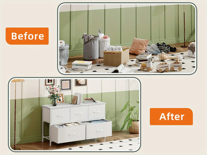 White Chest of Drawers with 5 Fabric Drawers & Wooden Top – Wide Freestanding Dresser Cabinet for Living Room, Hallway, Bedroom & Kitchen – Modern Sideboard Storage Organizer, Easy Assembly