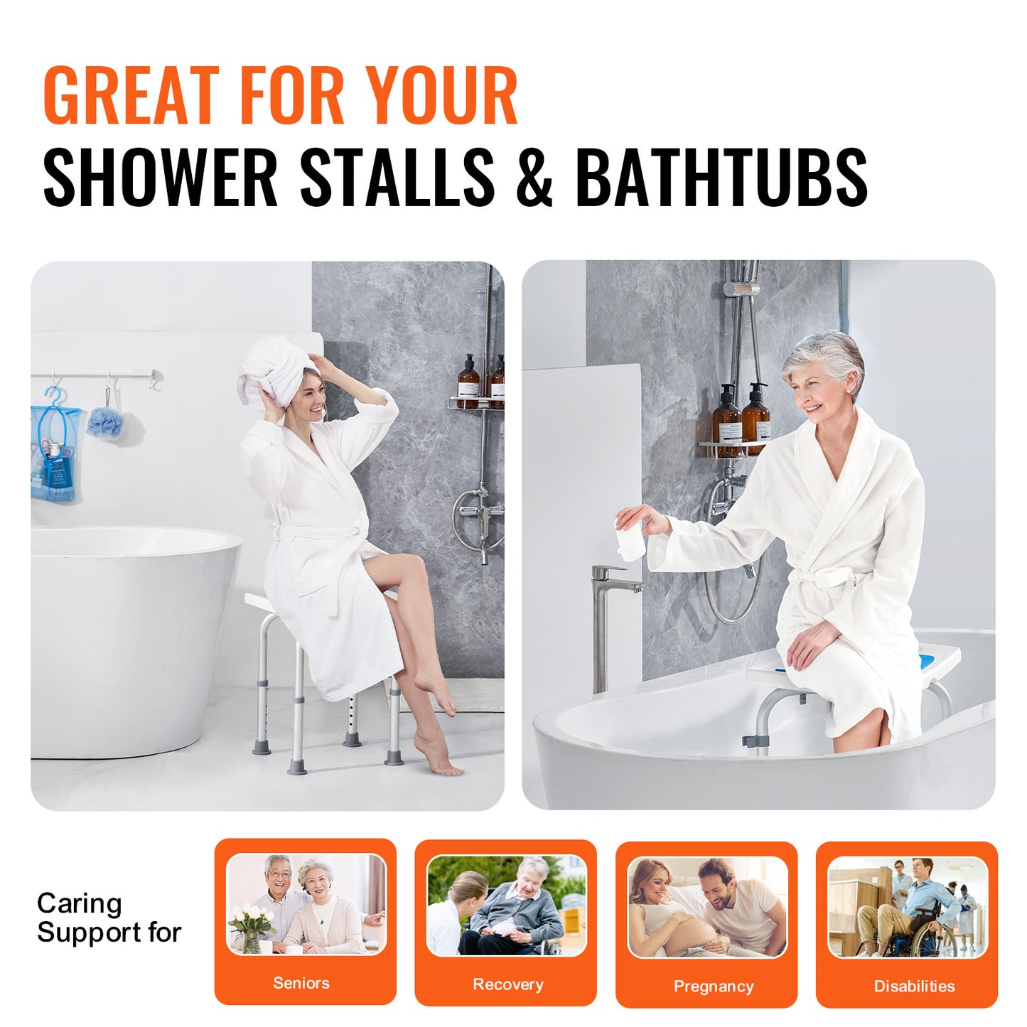 Shower Chair for Elderly & Disabled with Adjustable Height – Non-Slip Bathtub Bench Seat, 350/500 LBS Capacity, Aluminum Alloy, Shower Head Holder & Storage Bag Included, Optional Handrails | VEVOR