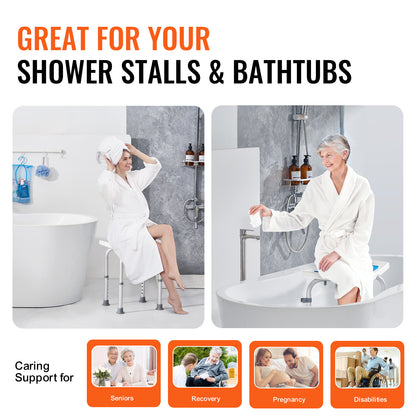 Shower Chair for Elderly & Disabled with Adjustable Height – Non-Slip Bathtub Bench Seat, 350/500 LBS Capacity, Aluminum Alloy, Shower Head Holder & Storage Bag Included, Optional Handrails | VEVOR