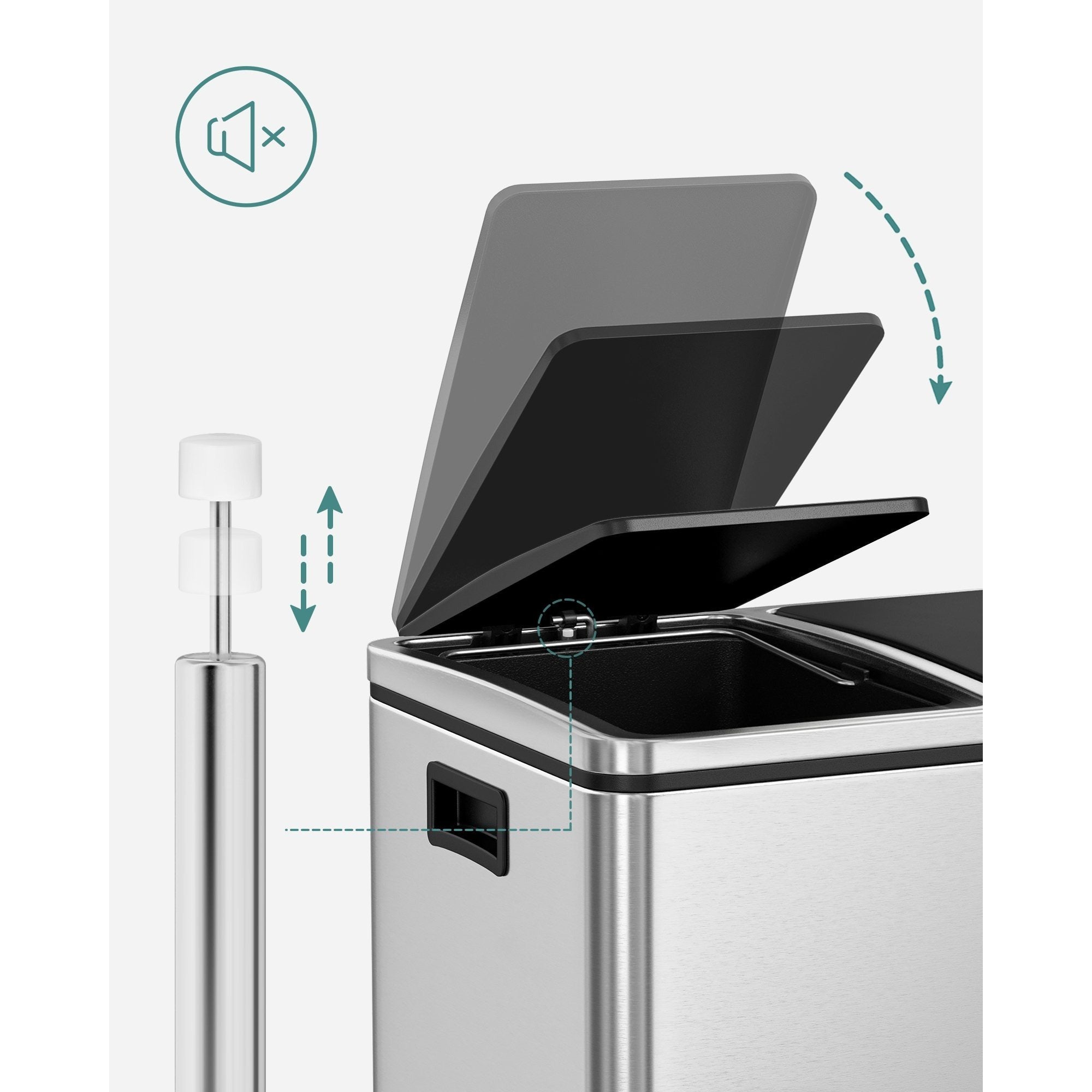 Garbage Can, 2 x 4 Gallon (2 x 15 L) Trash Can, Recycle Bin with Soft-Close Lids, Pedals, and Inner Buckets for Kitchen, Stainless Steel, Silver