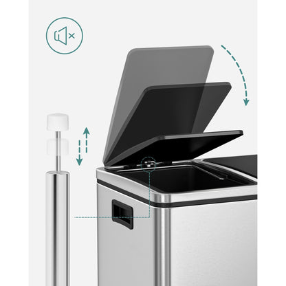 Dual Compartment Stainless Steel Recycling Trash Can – 2 x 4 Gallon (2 x 15L) Kitchen Recycle Bin with Soft-Close Lids, Foot Pedals & Removable Inner Buckets – Fingerprint-Resistant Silver