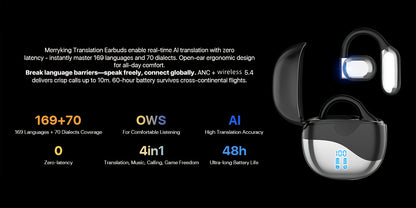 Real-Time AI Translator Earbuds 156 Languages & Accents – OWS Open-Ear 3-in-1 Translation Earbuds, Long Battery Life, Instant Voice Translation for Travel, Business & Study – Black