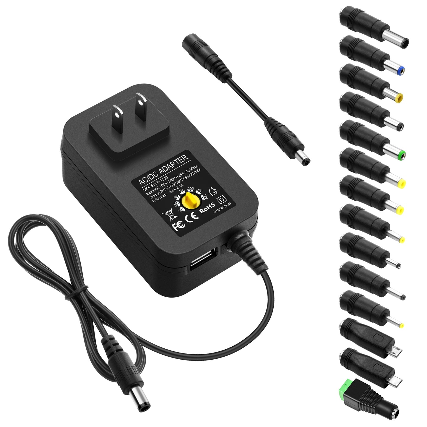 ALITOVE 30W Universal Power Supply Adjustable 3V-12V AC/DC Adapter with USB Port & 14 Tips - 100-240V Input, 2.5A Max Output, Overheat & Short-Circuit Protection for Electronics & DIY Projects