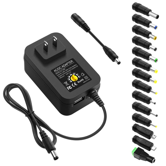 ALITOVE 30W Universal Power Supply 3V 4.5V 5V 6V 7.5V 9V 12V Adjustable Variable AC/DC Adapter with 5V 2.1A USB Port, 100V-240V AC to DC 3V-12V Converter 0.5A 1A 1.2A 1.5A 2A 2.5A Max with 14 Tips