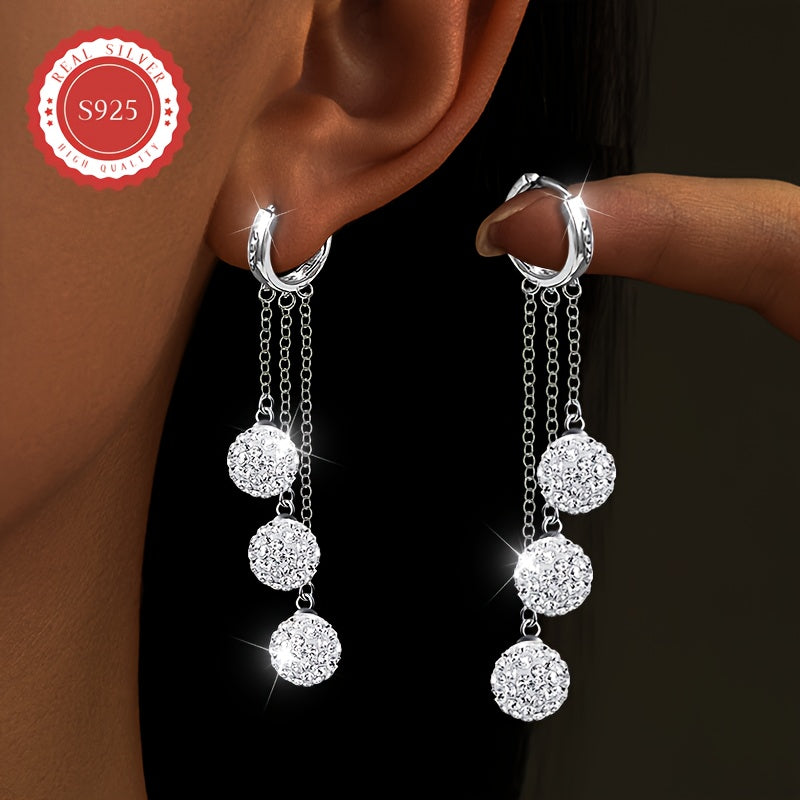 1 Pair, Women's Fashion Dangle Earrings, 3 Shambhala Ball Design + Tassel Lines + Blingbling, S925 Silver, Holiday Gift Wedding Banquet Luxury Women's Elegant Accessories, Low Allergy