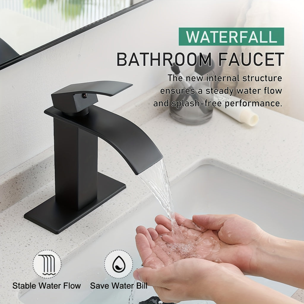 Bathroom Faucet, Waterfall Spout Bathroom Sink Faucet Single Handle RV Lavatory Vanity Bathroom Faucets for Sink 1 Or 3 Hole Deck Plate with Water Supply Lines, Waterfall Bathroom Faucets, Matte Black