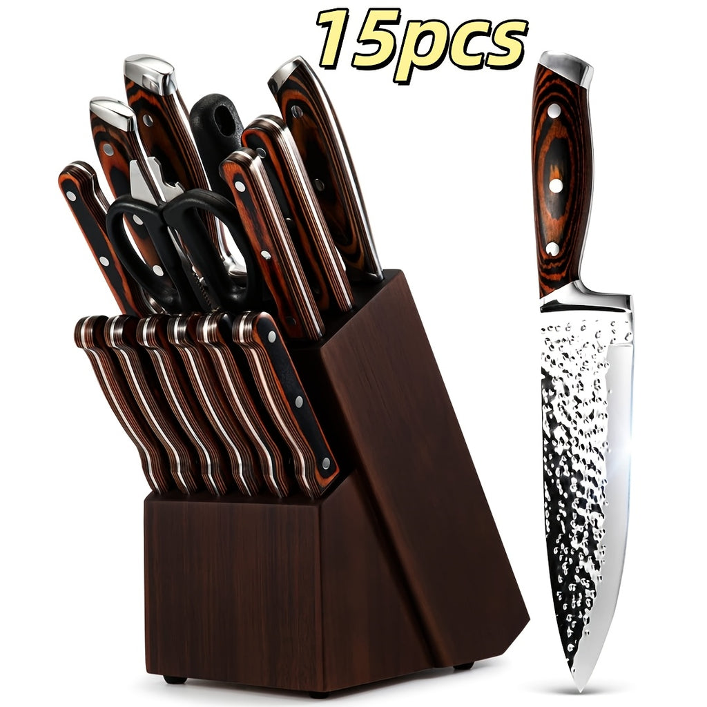 Hammer Pattern Full-Tang Knife Set with Wooden Block – Ultra Sharp Stainless Steel Kitchen Knives, 15/16/20-Piece, Ergonomic Handle, Restaurant & Home Use, Christmas Gift for Men | ShopVora CA