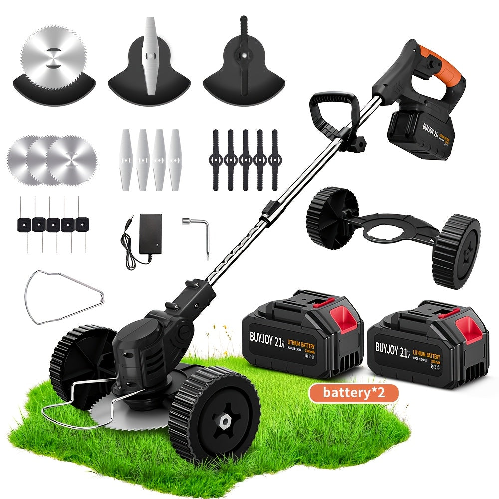 3-in-1 Cordless String Trimmer Lawn Mower & Brush Cutter with Dual Battery, Multiple Blade Types & Wheeled Design – Lightweight Electric Weed Eater for Lawn, Garden & Yard Trimming, Great Father's Day Gift