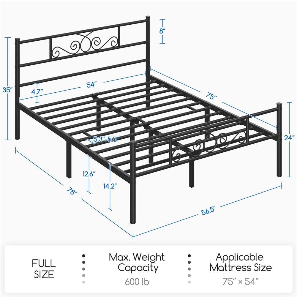 ALDEN DESIGN Bed Frame Metal Platform Bed, Space Saving Metal-Framed Bed, Iron Bed Foundation, Graceful Scroll Metal-Framed Bed, Platform Bed with Headboard and Footboard for Bedrooms, Guestrooms, Dormitories, Black/White/Silver, Twin/Full/Queen Size